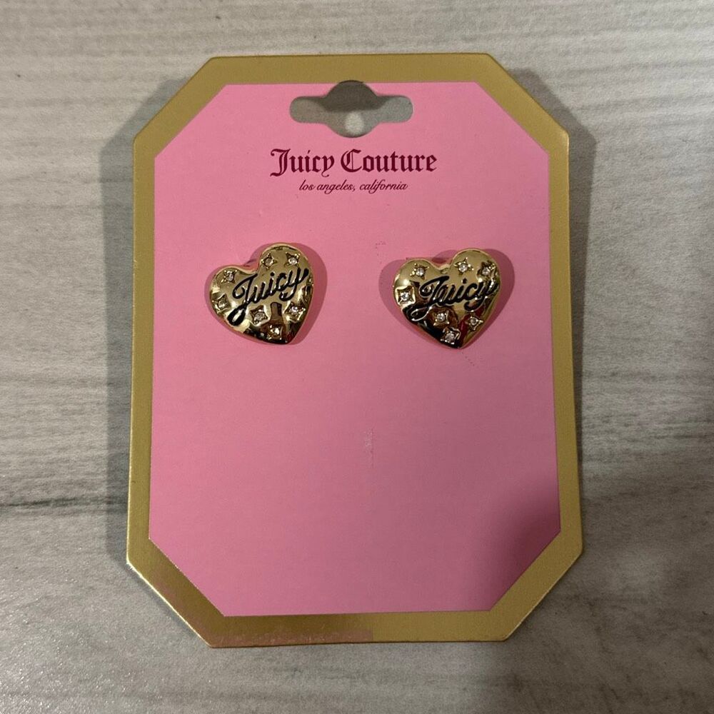 NWT Juicy Couture Crystal Heart stud earrings in a gold-tone finish with black a